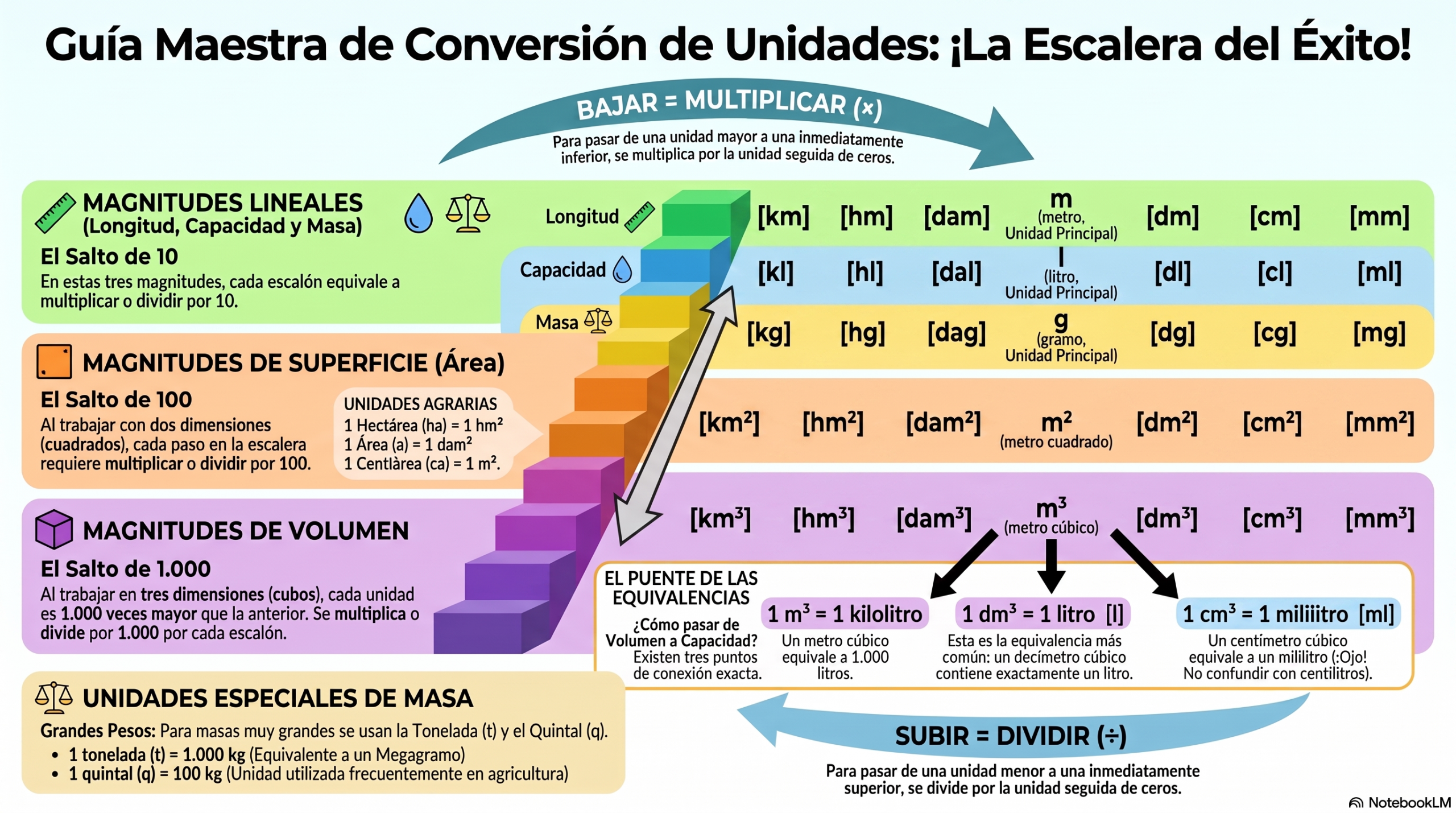 Infografía con la escalera de conversión de longitud, capacidad, masa, superficie y volumen