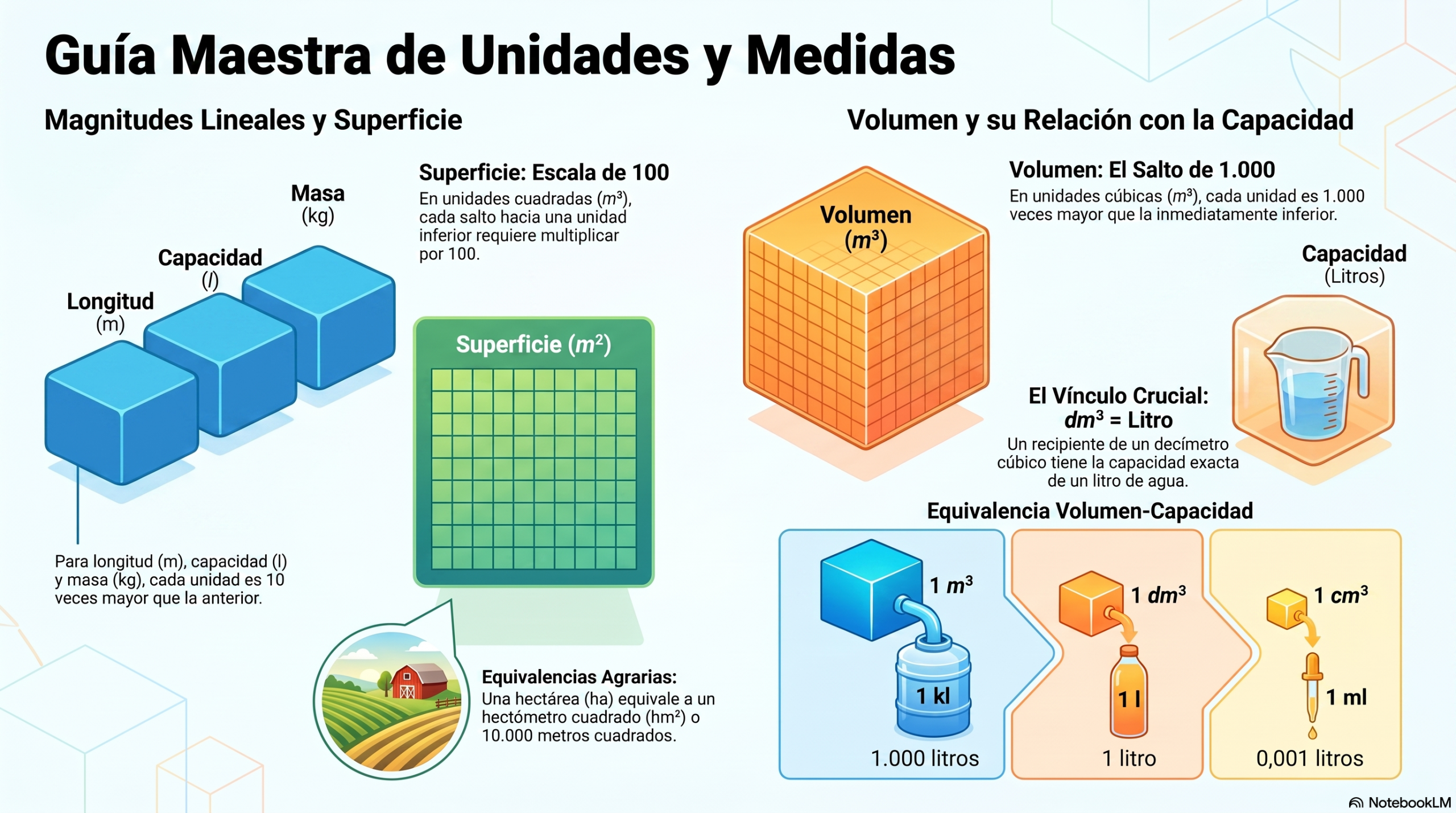 Infografía sobre longitud, superficie, volumen y su relación con la capacidad