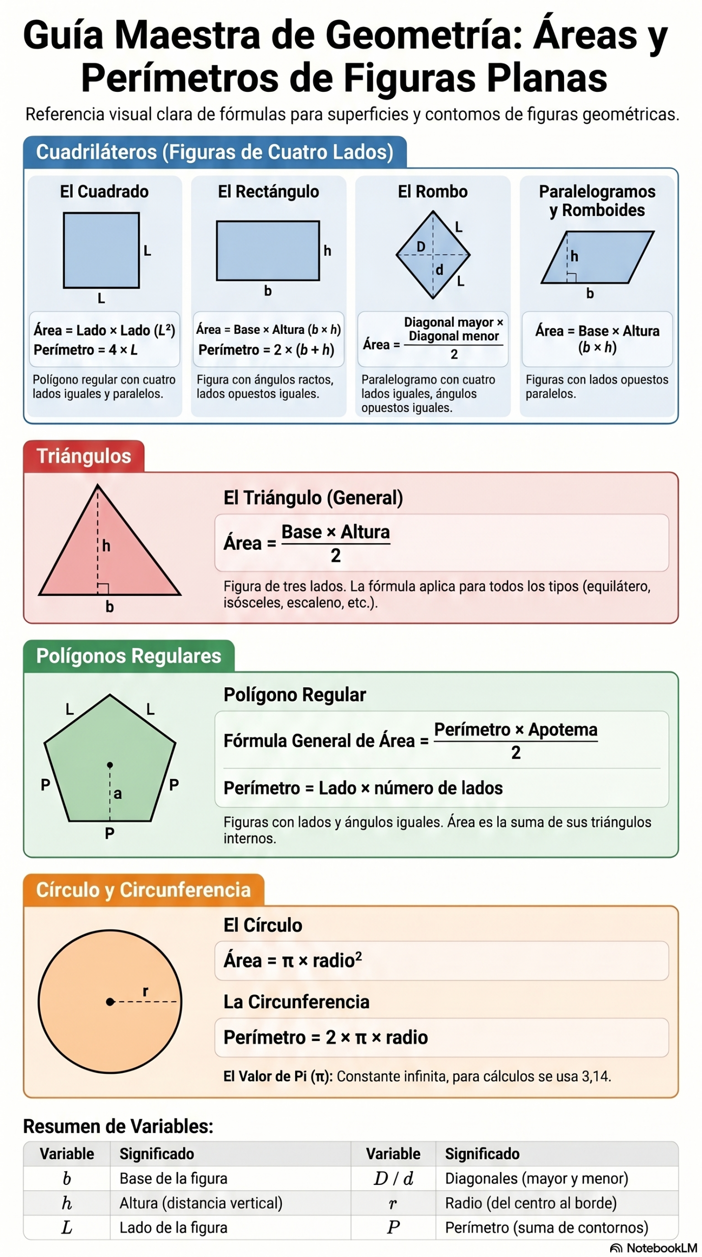 Guía visual con fórmulas de áreas y perímetros de figuras planas