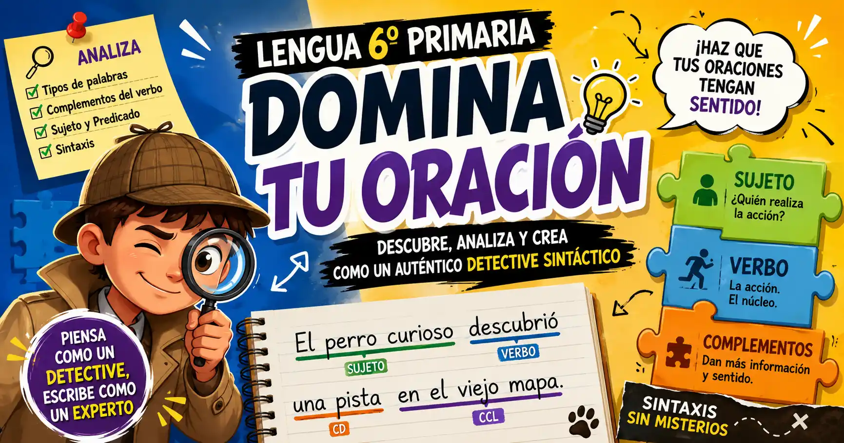 Ilustración educativa sobre análisis morfológico y sintáctico para alumnado de 6.º de Primaria con detective, sujeto, verbo y complementos.