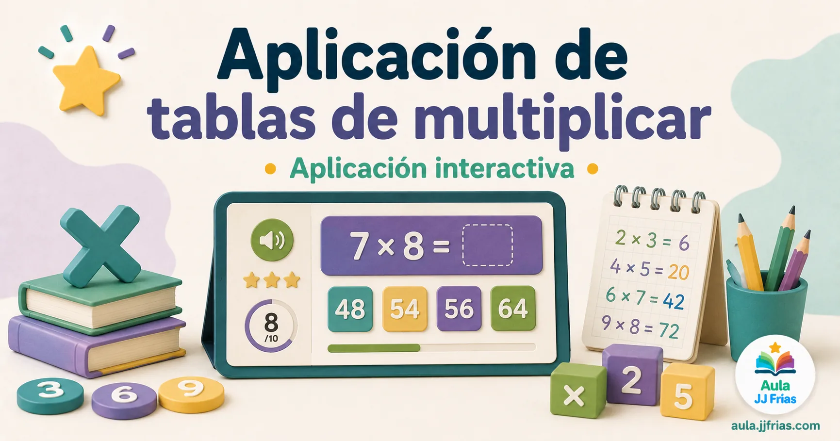 Aplicación interactiva para practicar las tablas de multiplicar mediante ejercicios, retos y actividades de cálculo mental en Educación Primaria.