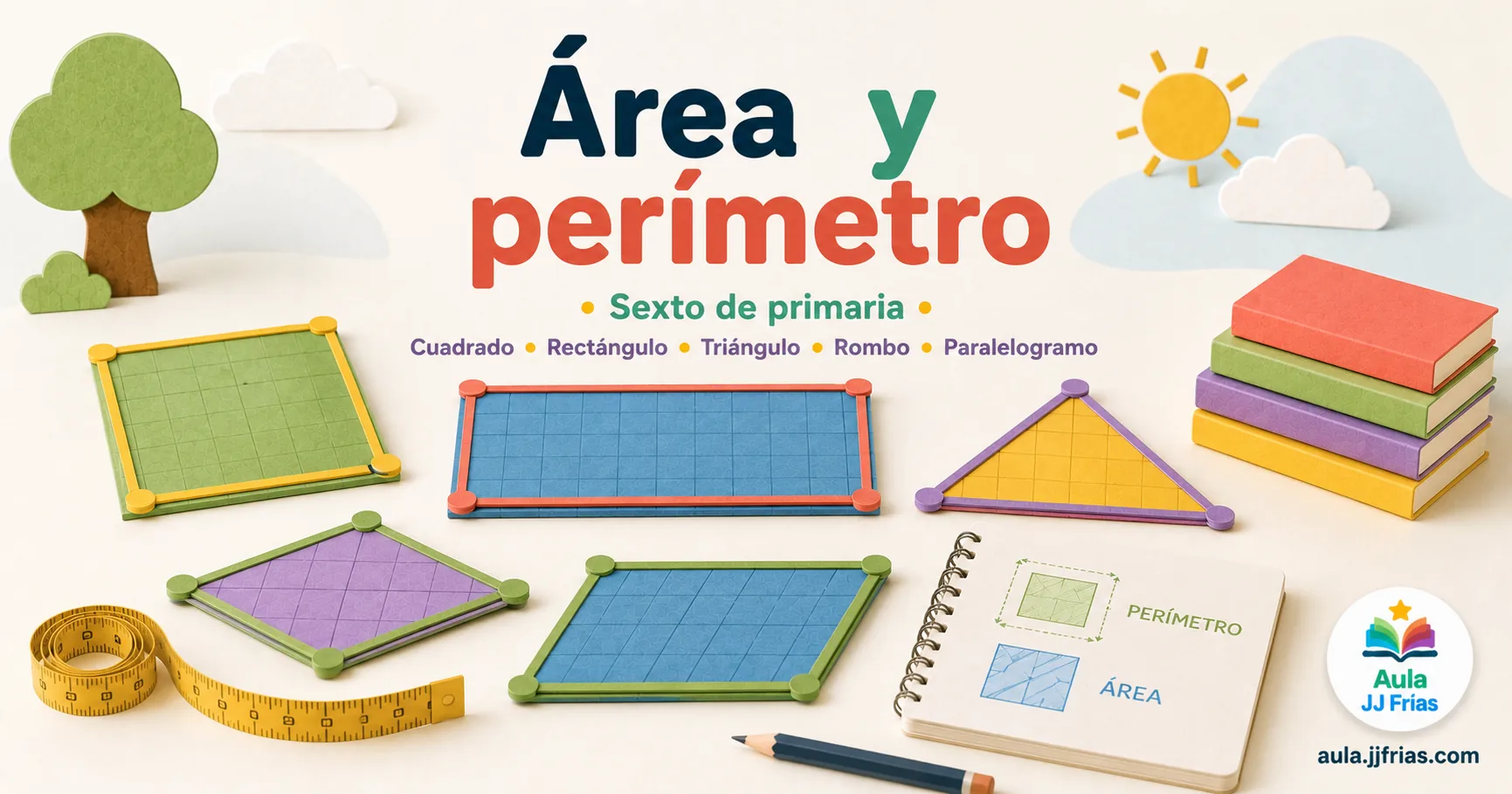 Figuras geométricas con cuadrícula y cinta métrica para trabajar el cálculo del área y el perímetro de cuadrados, rectángulos, triángulos, rombos y paralelogramos en 6.º de Primaria.