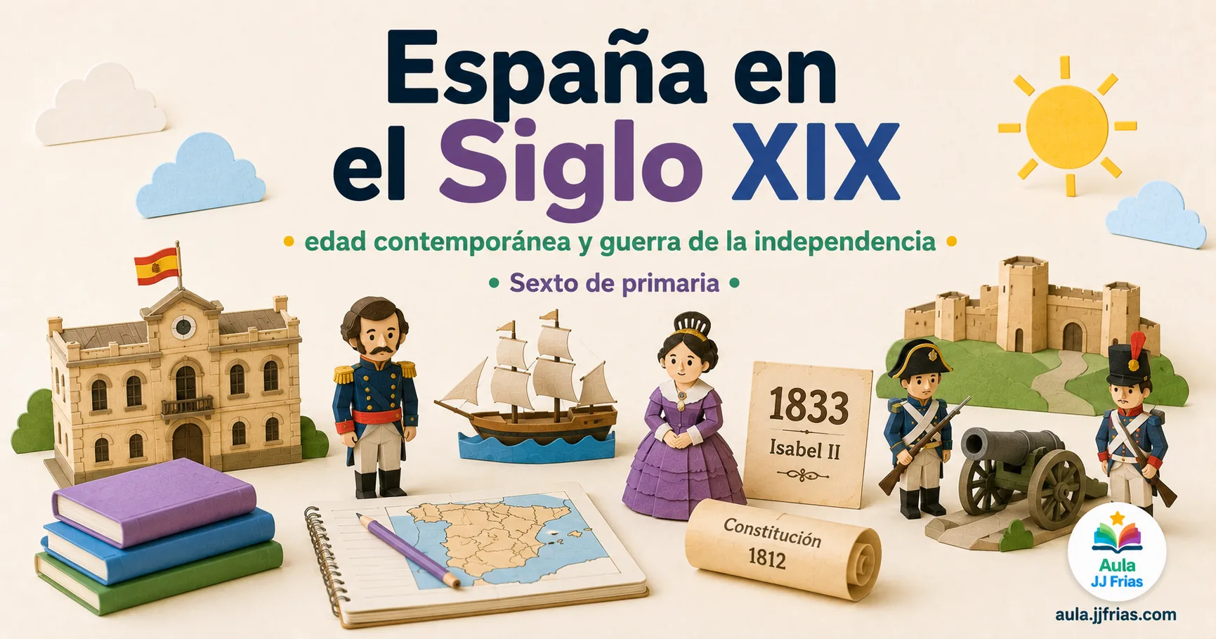 Ilustración sobre la España del siglo XIX con referencias a la Guerra de la Independencia, la Constitución de 1812, Isabel II y los principales cambios políticos y sociales para 6.º de Primaria.