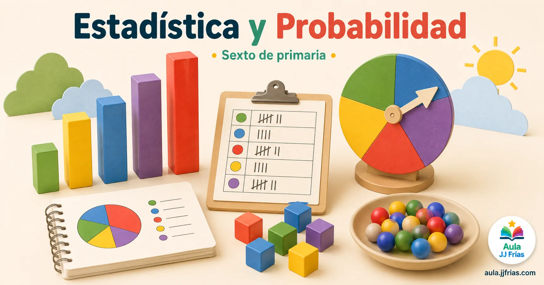 Gráfico de barras, gráfico circular, tabla de frecuencias, ruleta de probabilidad y fichas manipulativas para trabajar la estadística y la probabilidad en 6.º de Primaria.