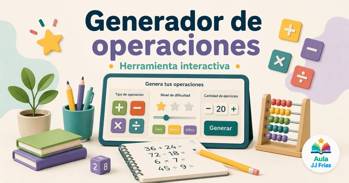 Aplicación interactiva para generar operaciones matemáticas de suma, resta, multiplicación y división con opciones de personalización para Educación Primaria.