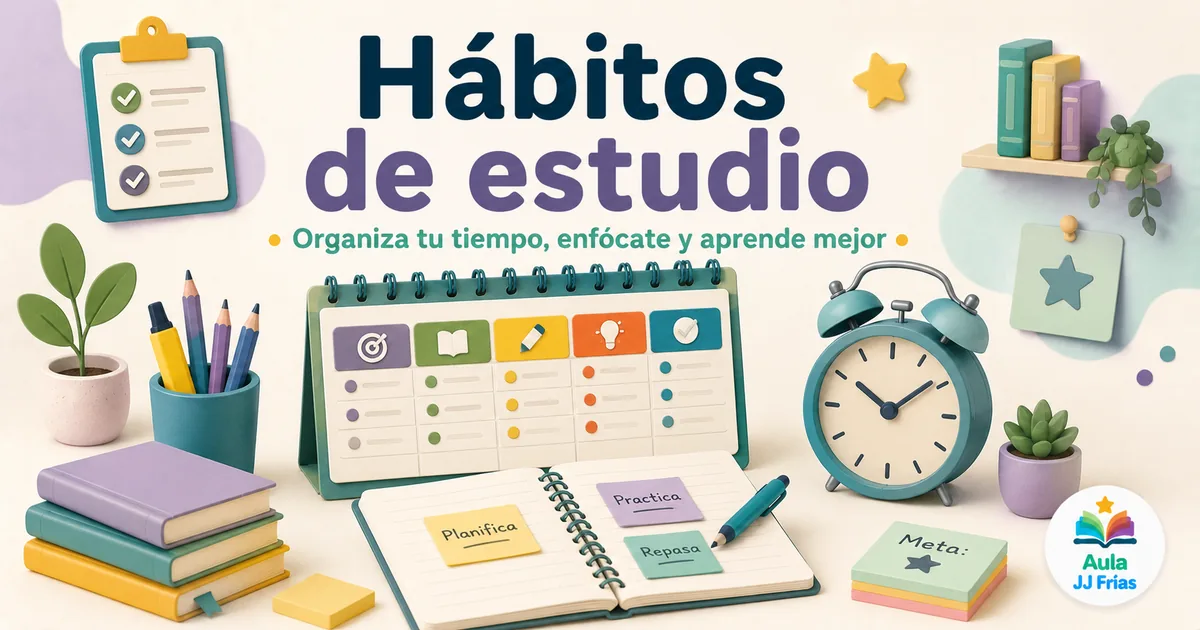 Agenda, reloj, libros y materiales escolares para organizar el tiempo y mejorar los hábitos de estudio.