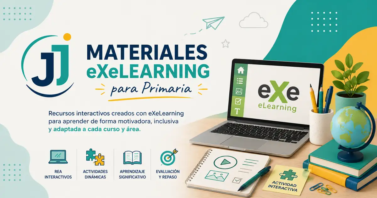 Imagen de materiales eXeLearning para Primaria en Aula JJ Frías con ordenador, libros y recursos interactivos