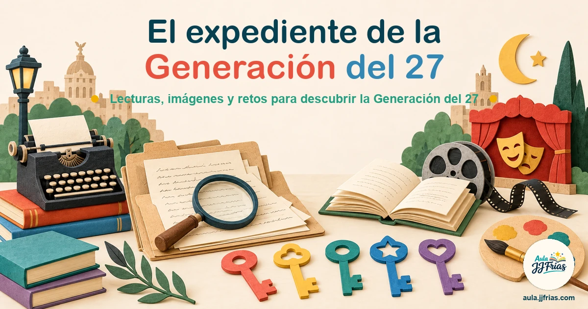 Portada de El expediente de la Generación del 27 con una máquina de escribir, una lupa, libros, cine, teatro y cinco llaves de colores.